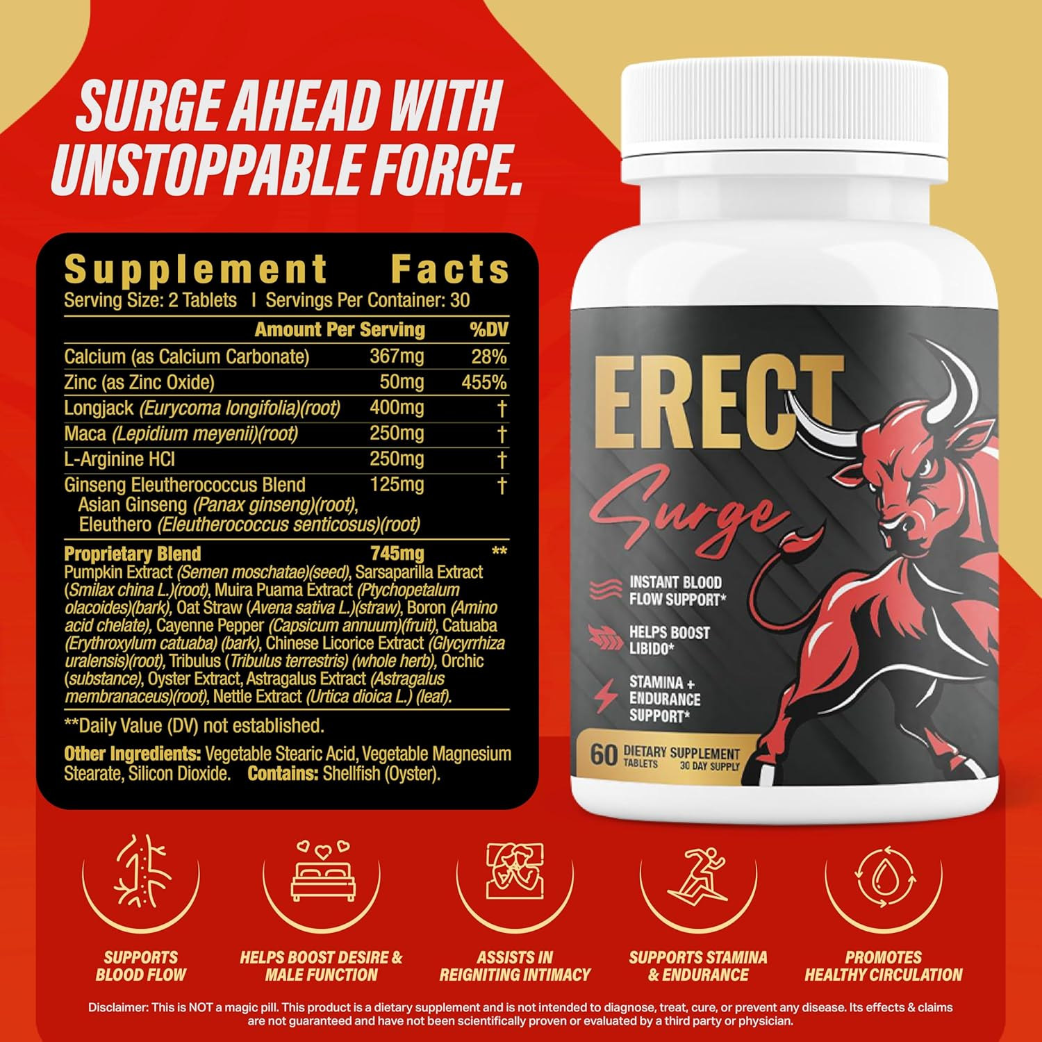 Male Dietary Supplement for Stamina & Performance - Blood Flow Support Tablets for Men, 3rd Party Tested (60 Pills)