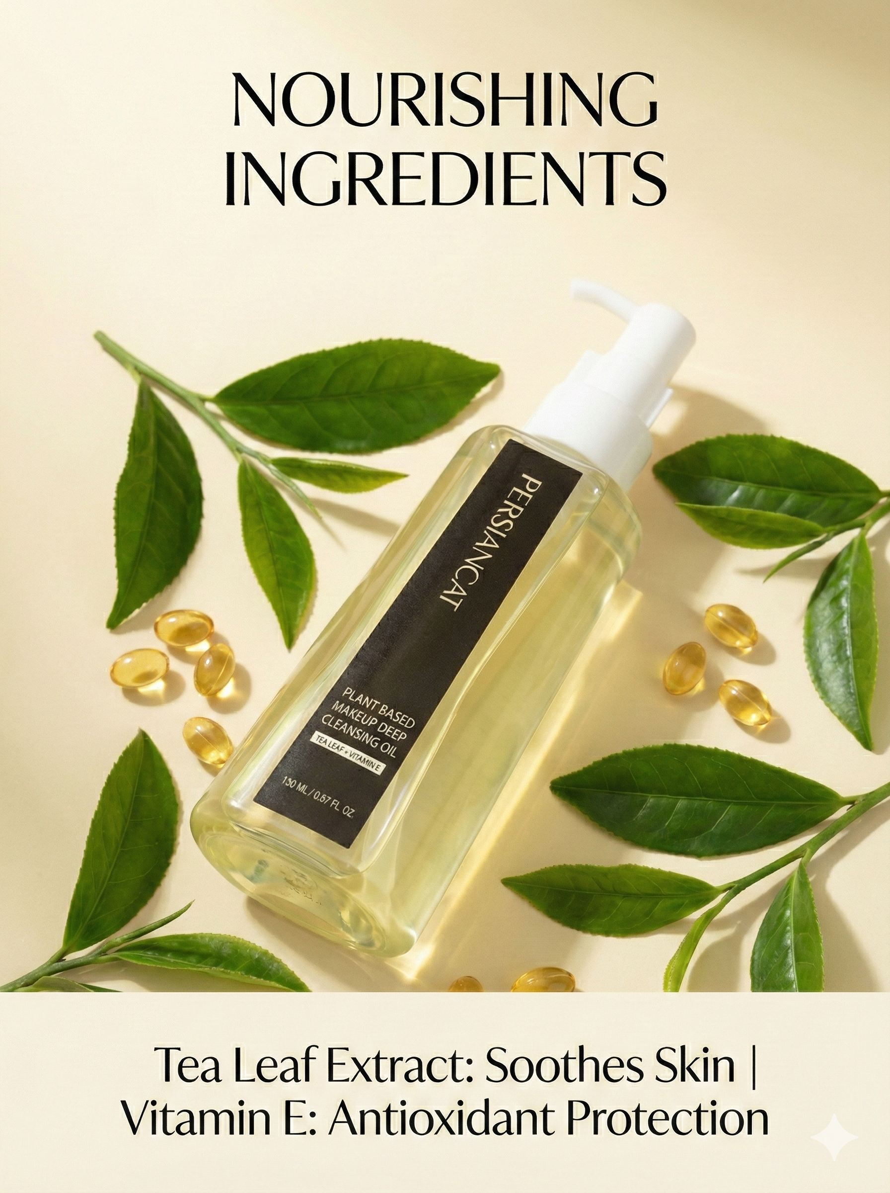 PERSIANCAT Desmaquillante de Aceite Limpiador Profundo de Origen Vegetal con Hoja de Té y Vitamina E - 5.07 fl. oz. (150ml)